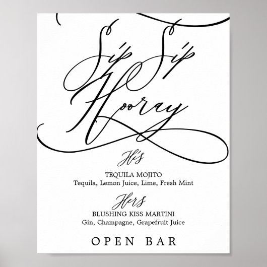 Poster Calligraphie romantique Sip Sip Hooray Mariage Bar (Devant)