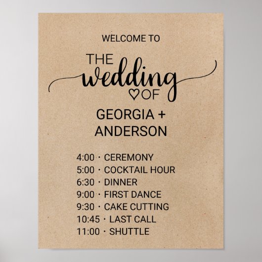 Poster Calligraphie simple Faux Kraft Ordre des événement (Devant)