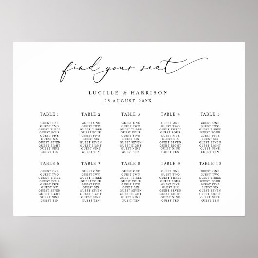 Poster Calligraphie simple Mariage 10 tables Plan de sièg (Devant)