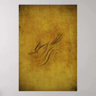 Poster Calligraphie vintage des oiseaux sur l'or