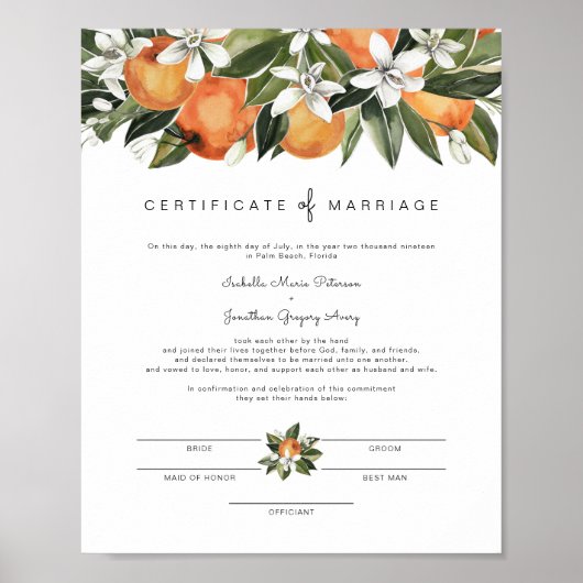 Poster Calliope - Certificat de mariage Orange Blossom (Devant)