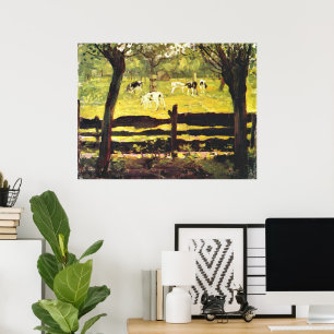 Poster Calves dans un champ bordé de Willow Trees,