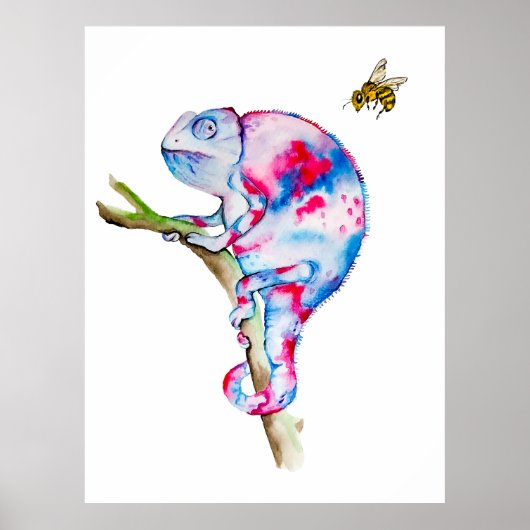 Poster Caméléon d'aquarelle et abeille colorés. (Devant)