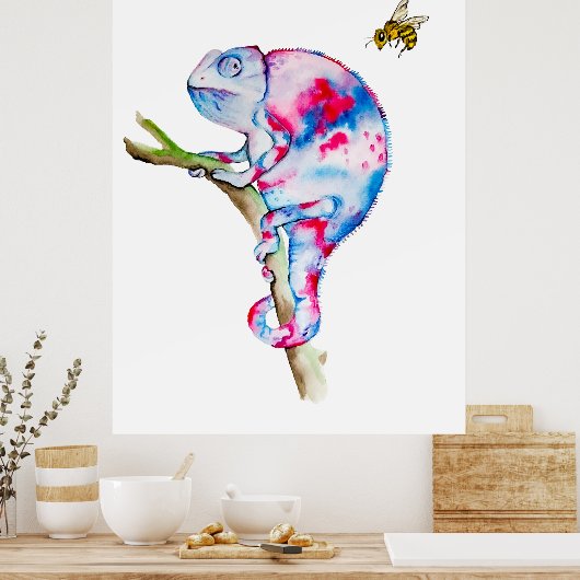Poster Caméléon d'aquarelle et abeille colorés. (Cuisine)