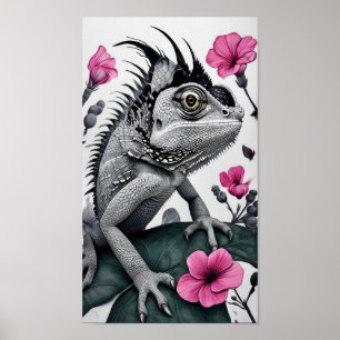 Poster Caméléon Monochromatique Aux Fleurs Roses
