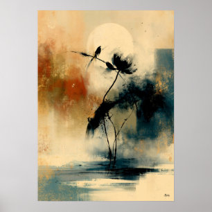 Poster Camélia abstrait Sumi-E japonais sous la Lune Tsub