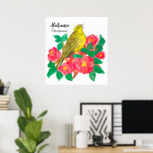 Poster Camellias rose Oiseau Yellowhammer Aquarelle (Bureau à domicile)