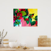 Poster Camellias rouge avec fleur d'aquarelle de feuillag (Cuisine)