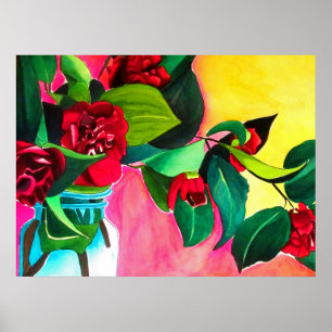 Poster Camellias rouge avec fleur d'aquarelle de feuillag