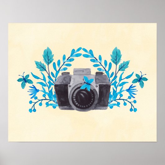 Poster Caméra Avec Feuilles Bleus Azur Et Papillons (Devant)