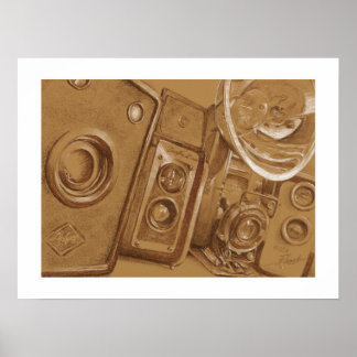 Poster Caméras vintages - Dessin au crayon en Sepia Tone