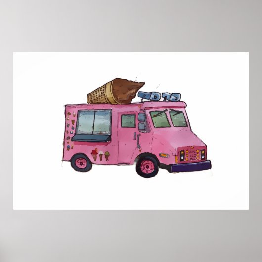 Poster Camion de glaces rose classique avec cône sur le d (Devant)