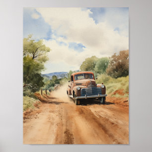 Poster Camion de ramassage vintage sur aquarelle de route