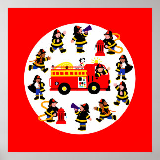 Poster Camion d'incendie avec pompiers occupés