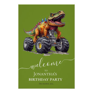 Poster Camion Dinosaur Monster, fête d'anniversaire Bienv