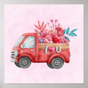 Poster Camion mignonne d'amour transportant des coeurs et