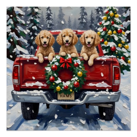 Poster Camion rouge de Noël Caniche Vacances (Devant)