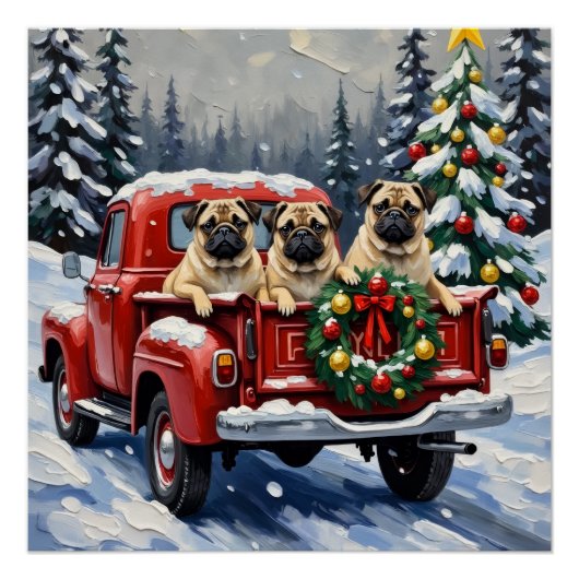 Poster Camion rouge de Noël Pug Fêtes (Devant)