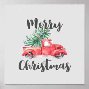 Poster Camion rouge et arbre Joyeux Noël