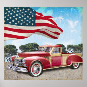 Poster Camion rouge vintage avec drapeau américain.