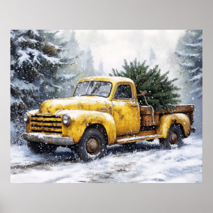 Poster Camionnette Jaune Vintage de Noël