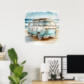 Poster Camionnette rétro avec fleurs hippies et planche d (Bureau à domicile)
