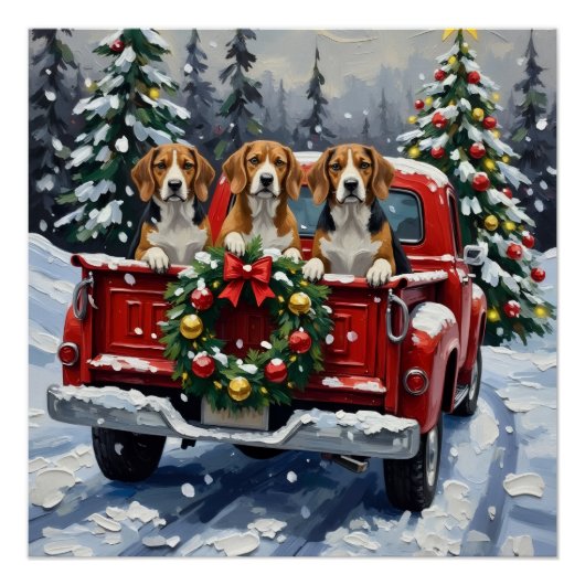 Poster Camionnette Rouge de Noël Beagle Fêtes (Devant)