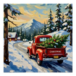 Poster Camionnette Rouge Vintage Transportant un Sapin de