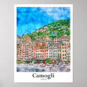 Poster Camogli Italie Voyage Aquarelle main tirée