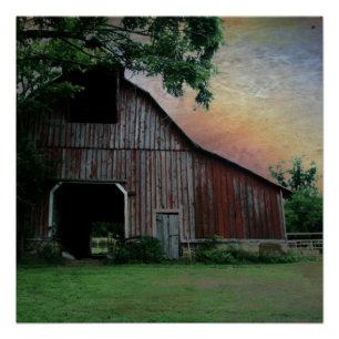 Poster campagne coucher de soleil paysage agricole ancien