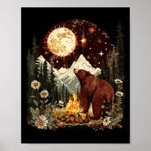 Poster Campement ours céleste lune feu de camp campeur ca