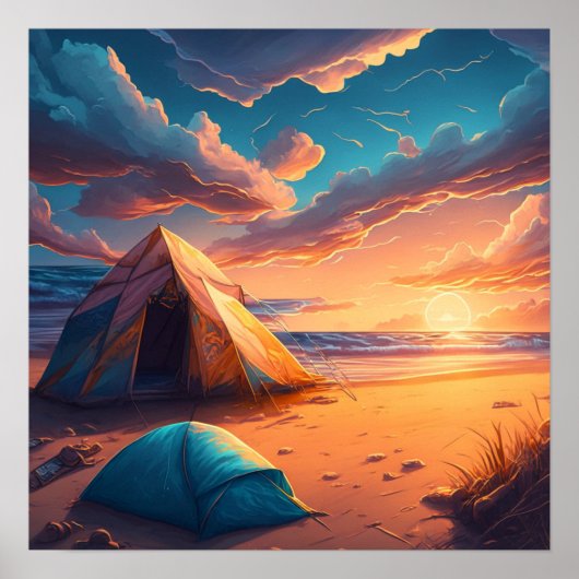 Poster Camping au lever du soleil (Devant)