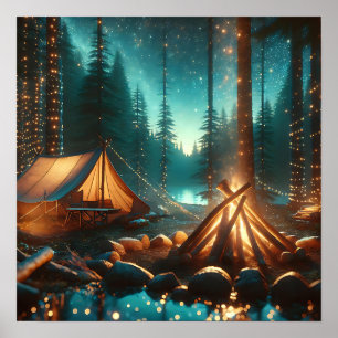 Poster Camping avec de jolies lumières