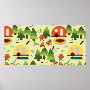 Poster Camping - caravane, chaises de camping, cheminée