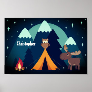 Poster Camping Cute personnalisé, animaux et montagnes