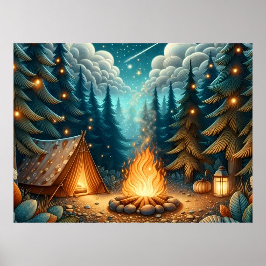 Poster Camping en forêt de nuit (Devant)