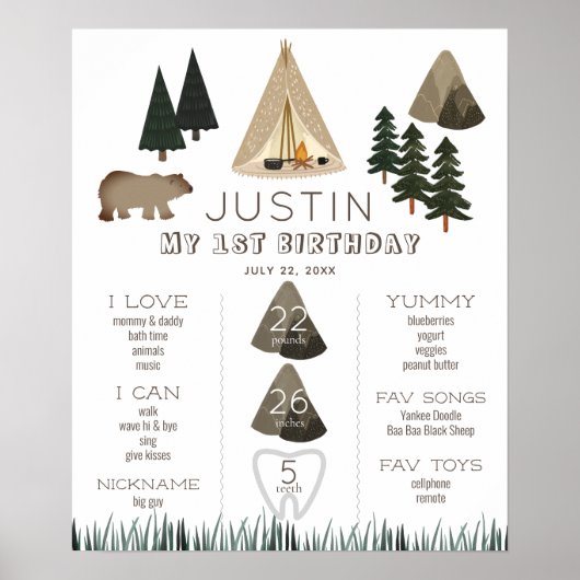 Poster Camping Tente Bear Boy 1er Anniversaire Jalon (Devant)
