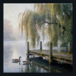 Poster Canada Geese on a Misty Lake with a Dock<br><div class="desc">A tranquil lake features a rustic wooden dock beneath elegant willow branches in the mist,  while two Canada geese glide across the still water,  creating gentle ripples behind them</div>