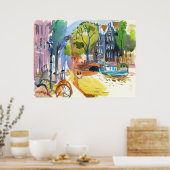 Poster Canal Amsterdam avec Vélos Aquarelle Mur Art (Cuisine)