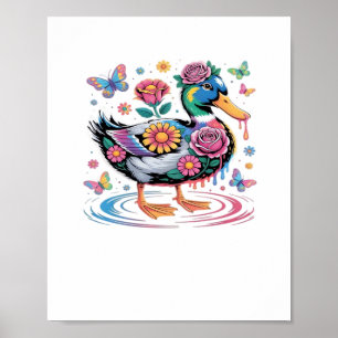 Poster Canard Imaginaire coloré avec fleurs et papillons