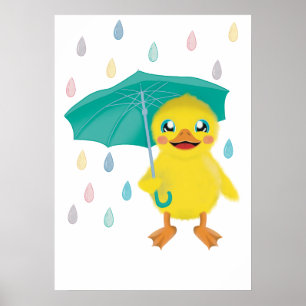 Poster Canard mou Avec Parapluie En Pluie Arc-En-Ciel