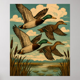 Poster Canards colverts en vol, art faunique