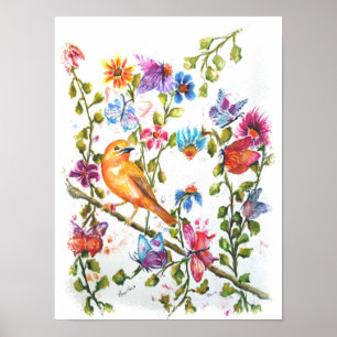 Poster Canari dans un jardin fleuri