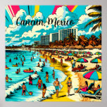 Poster Cancun, Mexique avec une Vibe pop art<br><div class="desc">Pop art bande dessinée style art scène d'une plage avec une ambiance vintage. AI Art dépeint des gens qui s'amusent sur la plage avec des hôtels et des immeubles d'appartements dans l'arrière - plan,  de jolis palmiers,  des parapluies colorés et un magnifique ciel bleu nuageux à Cancun,  au Mexique.</div>