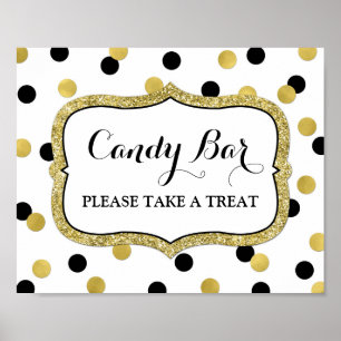 Poster Candy Bar Wedding Sign White Black Gold Confetti