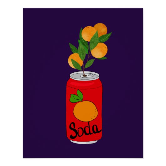 Poster Canette de soda orange avec Succursale de fruits - (Devant)