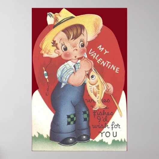 Poster Canne à pêche garçon de la campagne Saint-Valentin (Devant)