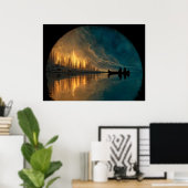 Poster Canoë et lune de croissant sur un lac (Bureau à domicile)