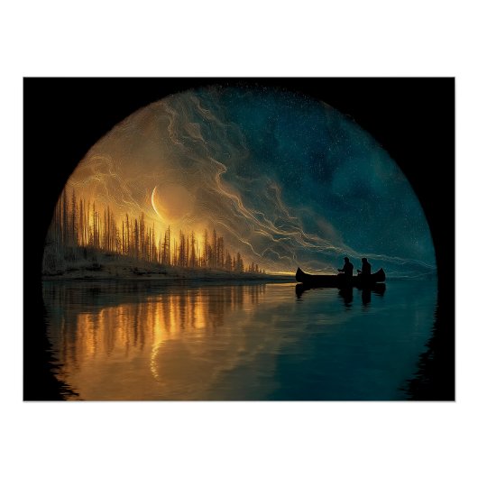 Poster Canoë et lune de croissant sur un lac (Devant)