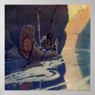 Poster Canoë indien vintage pagayage Sun Classic